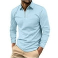 thumbnail image 1 of ohmzyzo Men's Long Sleeve Polo Shirts Quarter Zipper Golf Tops Casual Slim Fit T Shirts Turndown Collar Striped Printing Shirts Light Blue XXL, 1 of 9
