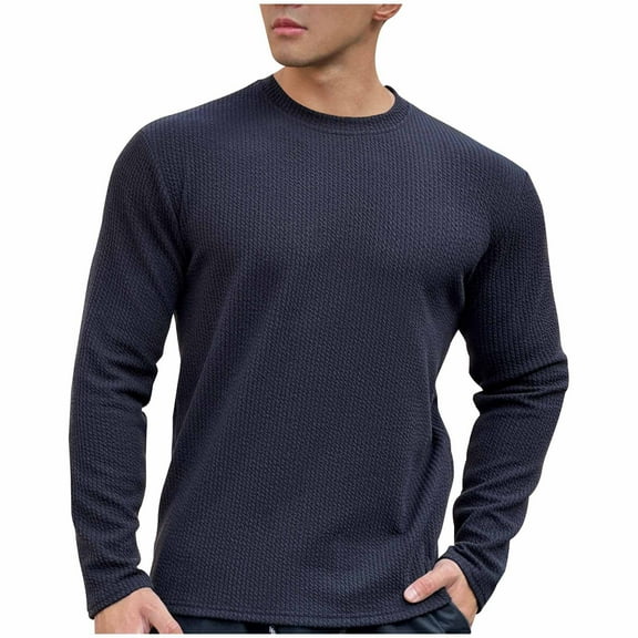ohmzyzo Men's Long Sleeve Shirts Crewneck Waffle Pullover Tops Casual Lightweight Undershirts Fall Solid Color T Shirt 3XL