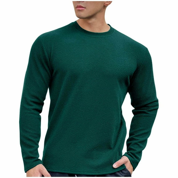 ohmzyzo Men's Long Sleeve Shirts Crewneck Waffle Pullover Tops Casual Lightweight Undershirts Fall Solid Color T Shirt Dark Green L