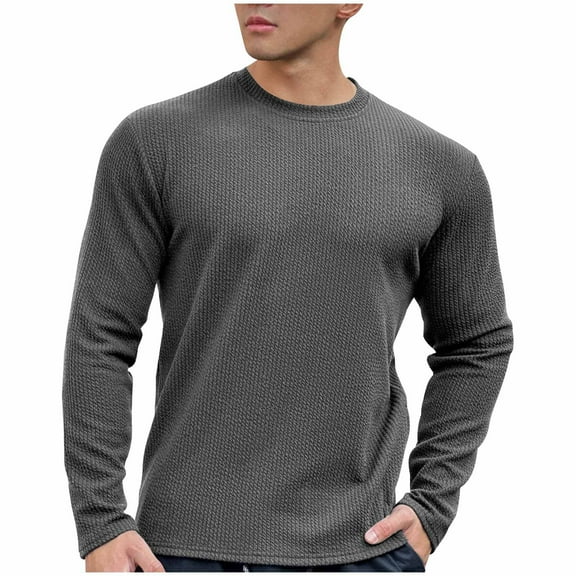 ohmzyzo Men's Long Sleeve Shirts Crewneck Waffle Pullover Tops Casual Lightweight Undershirts Fall Solid Color T Shirt Gray 3XL