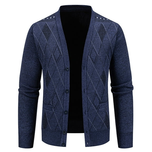 ohmzyzo Men's Long Sleeve V Neck Cardigans Casual Button Down Sweaters Slim Fit Knitted Thermal Coats Solid Color Outerwear with Pockets Dark Blue L