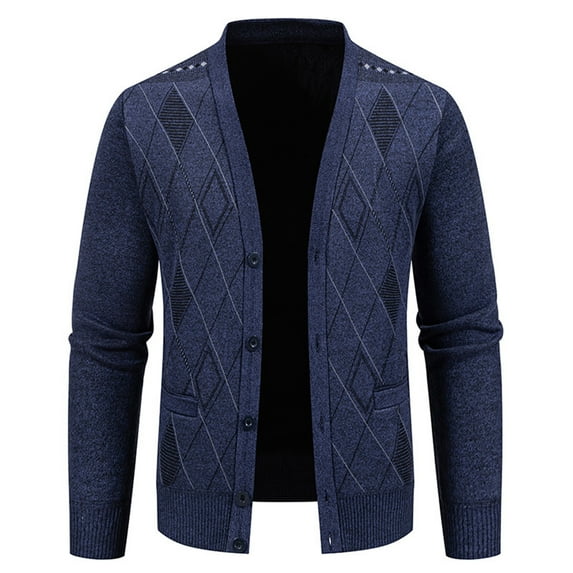 ohmzyzo Men's Long Sleeve V Neck Cardigans Casual Button Down Sweaters Slim Fit Knitted Thermal Coats Solid Color Outerwear with Pockets Dark Blue L