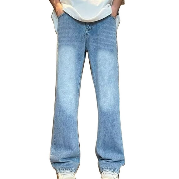ohmzyzo Men's Loose Fit Denim Jeans Straight Wide Leg Baggy Plain Pants Trousers Open Bottom Casual Outoor Pants Solid Color Trousers Blue M