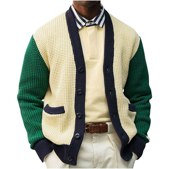 ohmzyzo Men's Loose Fit Knit Cardigans Casual Open Front Sweaters Daily Long Sleeve Knitting Coats Stylish Colorblocked Outerwear Yellow L