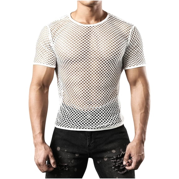 ohmzyzo Men's Mesh Fishnet Shirts Loose Fitted Short Sleeve Muscle Tops Sheer Undershirts See Through Crop Tank Tops Sexy Nightclub Party Tees S