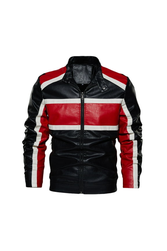 Men's Motorcycle Jackets Stand Collar Leather Jackets Spring Trendy Color Blocked Motor Biker Coats Full Zip Slim Fit Tops Red S