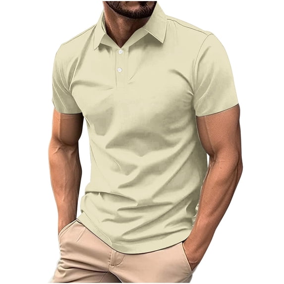 ohmzyzo Men's Muscle Polo Shirts Collared Regular Fit Short Sleeve Golf T-Shirts Casual Button Down Business Tops Summer Quick Dry Work Tees Beige XL