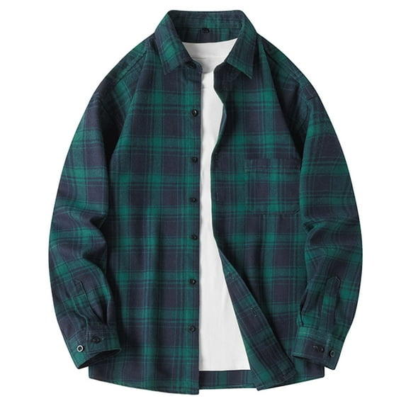 ohmzyzo Men's Plaid Shirt Button Down Casual Long Sleeve Flannel Shirts Shacket Fall Winter Clothing Lapel Shirt with Pocket Green L