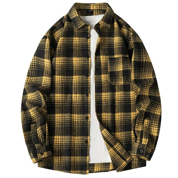 ohmzyzo Men's Plaid Shirt Button Down Casual Long Sleeve Flannel Shirts Shacket Fall Winter Clothing Lapel Shirt with Pocket Yellow XXXXL