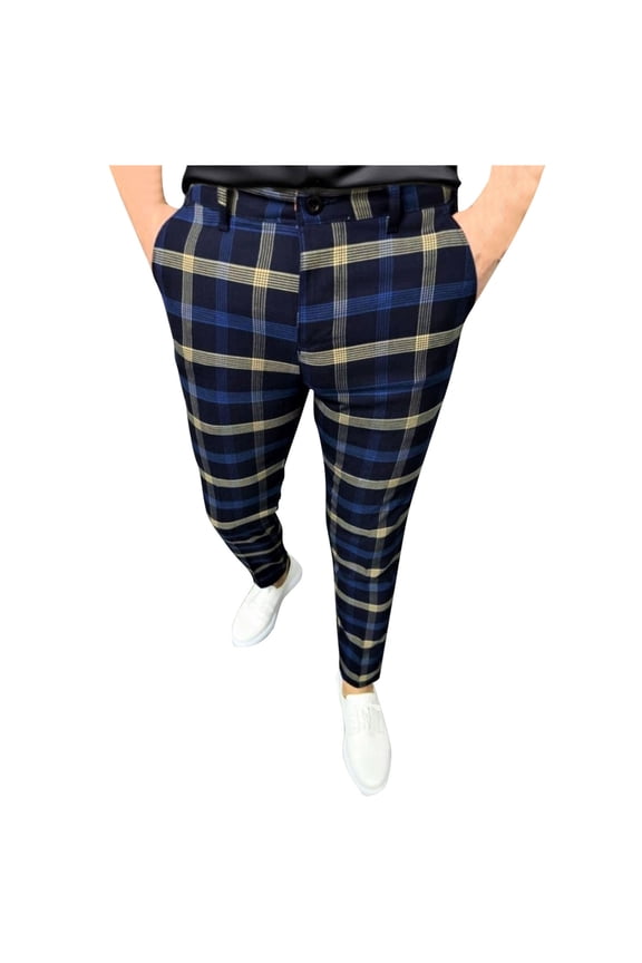 Men's Plaid Slacks Regular Fit Flat Front Work Prom Checked Dress Pants Slim Tapered Leg Trousers with Pockets Dark Blue Dark Blue