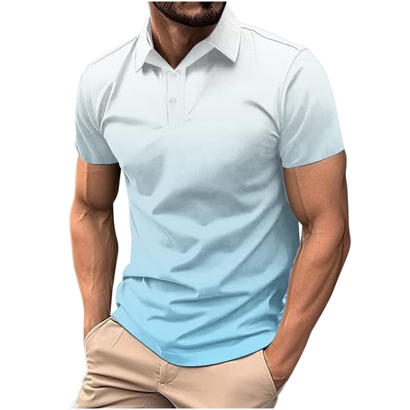 ohmzyzo Men's Polo Shirts Short Sleeve Moisture Wicking Golf Polos Gradient Color Soft Shirts Fashion Outdoor Stretch Performance Tee Tops Light Blue L