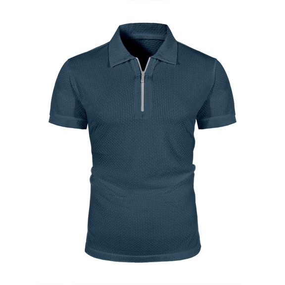 ohmzyzo Men's Quarter Zip Polo Shirts Short Sleeve Casual Ribbed Knitted Golf Shirt Summer Beach Slim Fit Tops Blue L