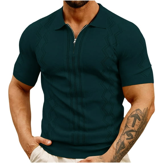 ohmzyzo Men's Quarter Zip Polo Shirts Short Sleeve Lapel Tee Tops Casual Button Down Business Tops Lightweight Texture Knit Golf Shirts