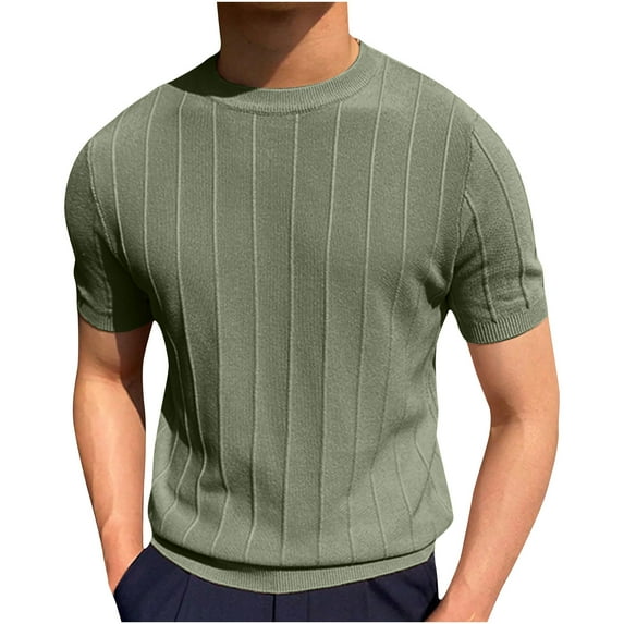 ohmzyzo Men's Ribbed Knit Shirts Casual Crewneck Short Sleeve T-Shirts Solid Color Basic Stretch Tops Slim Fit Mesh Textured Pullover Tees Green M