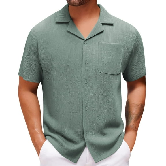 ohmzyzo Men's Short Sleeve Button Down Shirt Casual Dress Shirt Summer Beach Vacation Shirts Green L