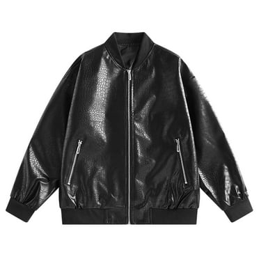 ohmzyzo Men's Slim Fit Sportswear Jacket Casual PU Bomber Jackets Lightweight Stand Collor Full Zip Up Coats Windproof Solid Color Tops XXL