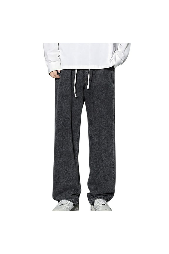 Men's Straight Leg Jeans Casual Drawstring Elastic Waist Denim Pants Lightweight Carpenter Jean