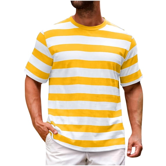 ohmzyzo Men's Summer T-Shirts Casual Crew Neck Basic T Shirts Short Sleeve Striped Print Tee Shirts Khaki L