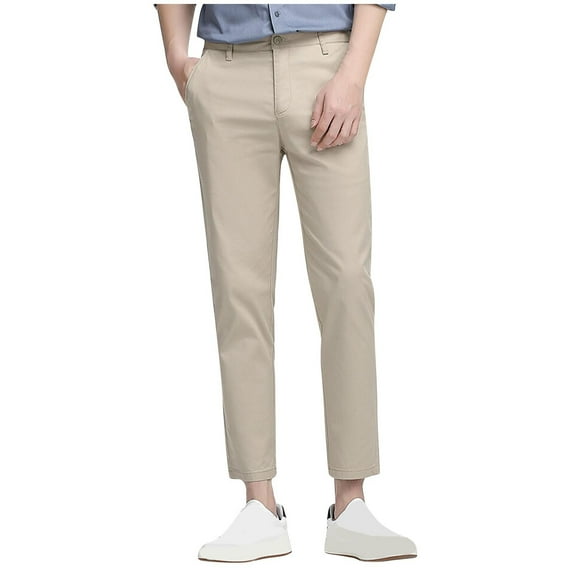 ohmzyzo Men's Tapered Dress Pants Straight Leg Solid Color Pants Flat-Front Casual Chino Pants Slim Fit Formal Business Trousers Khaki S
