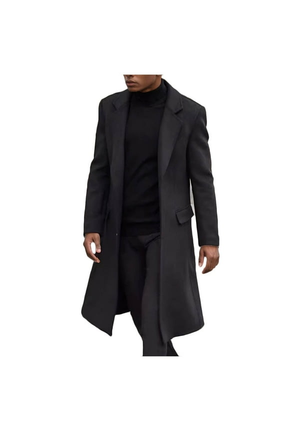 Men's Trench Coat Wool Blend Slim Fit Top Coat Single Breasted Business Overcoat Fall Thermal Long Sleeve Tops Black S