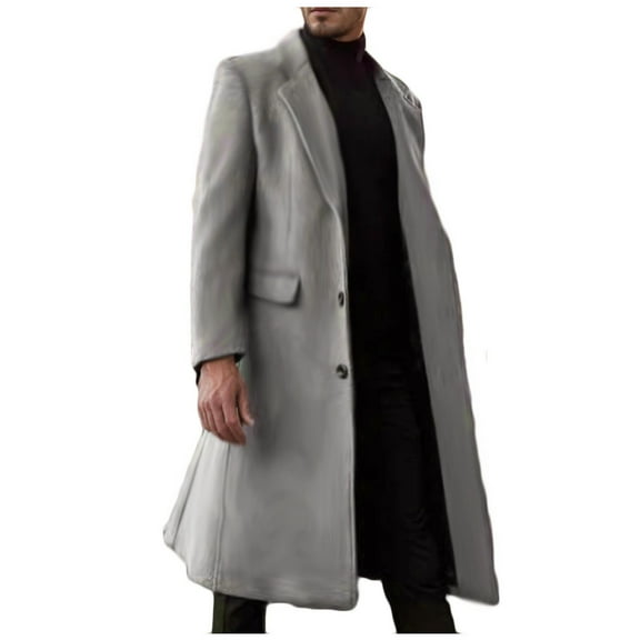 ohmzyzo Men's Trench Coat Wool Blend Slim Fit Top Coat Single Breasted Business Overcoat Fall Thermal Long Sleeve Tops Gray XXL