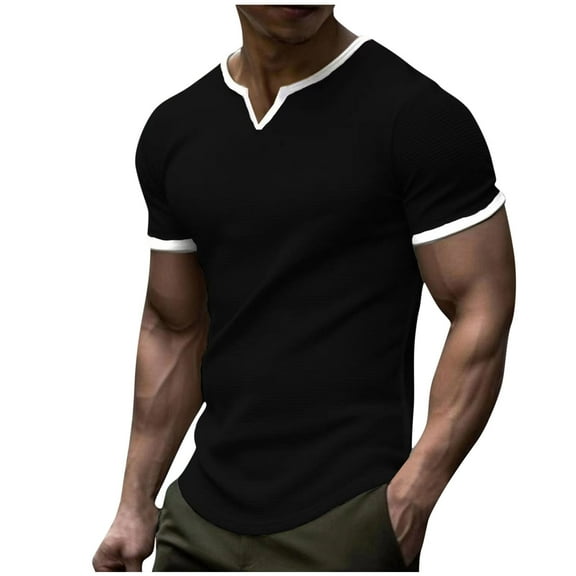 ohmzyzo Men's V-neck Longline Henley Shirts Muscle Slim Short Sleeve Tee Tops Vintage Solid Color Tee Shirts Summer Tropical Beach Tops