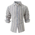 thumbnail image 1 of ohmzyzo Men's Vertical Striped Dress Shirt Cotton Linen Button Down Top Lapel Collar Long Sleeve Blouses for Men Slim Fit Colorblocked Top 3XL, 1 of 8
