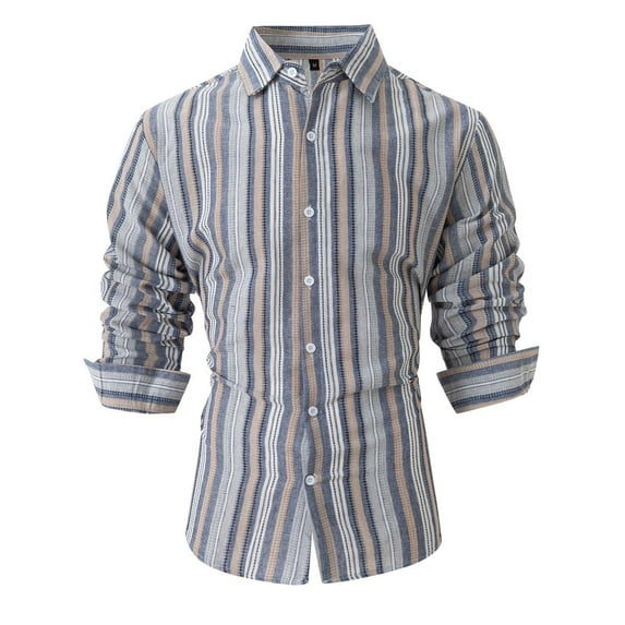 ohmzyzo Men's Vertical Striped Dress Shirt Cotton Linen Button Down Top Lapel Collar Long Sleeve Blouses for Men Slim Fit Colorblocked Top Gray XL