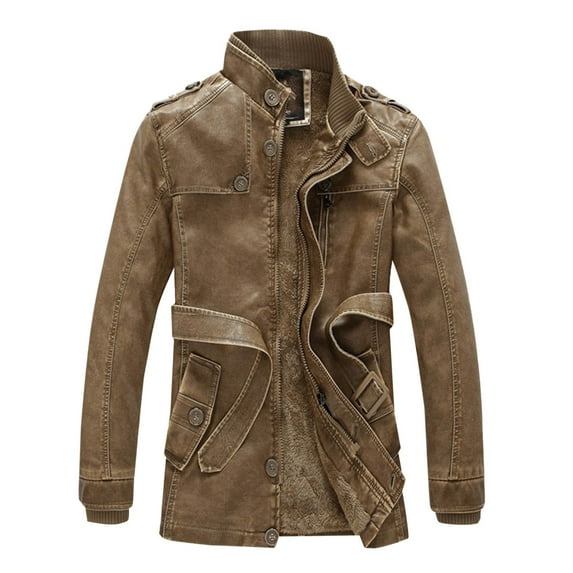 ohmzyzo Men's Vintage PU Leather Jackets Stand Collar Full Zip Windproof Coats Slim Fit Winter Thermal Outerwear Casual Solid Color Tops Coffee XXL