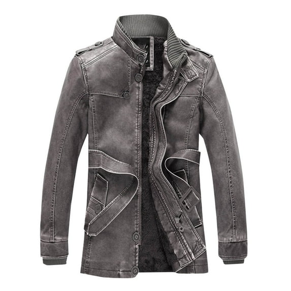 ohmzyzo Men's Vintage PU Leather Jackets Stand Collar Full Zip Windproof Coats Slim Fit Winter Thermal Outerwear Casual Solid Color Tops Gray 3XL