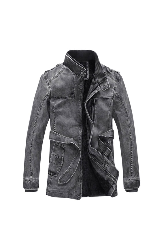Men's Vintage PU Leather Jackets Stand Collar Full Zip Windproof Coats Slim Fit Winter Thermal Outerwear Casual Solid Color Tops L