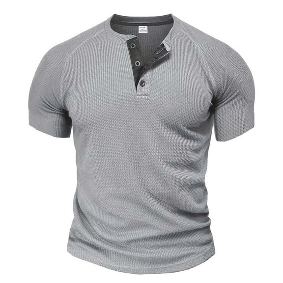 ohmzyzo Men's Waffle Henley Shirts V Neck Button Short Sleeve T-Shirt Casual Lightweight Basic Summer Tops
