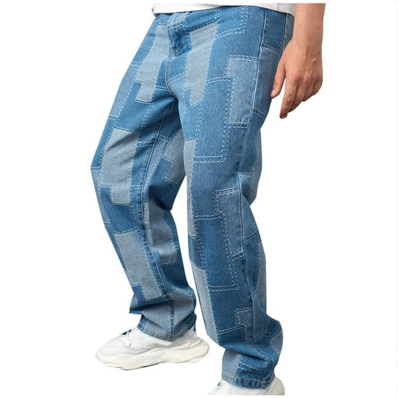 ohmzyzo Men's Wide Leg Jeans Straight Leg Carpenter Denim Pants Loose fit Trousers Casual Solid Color Lounge Pants with Pockets Blue Blue