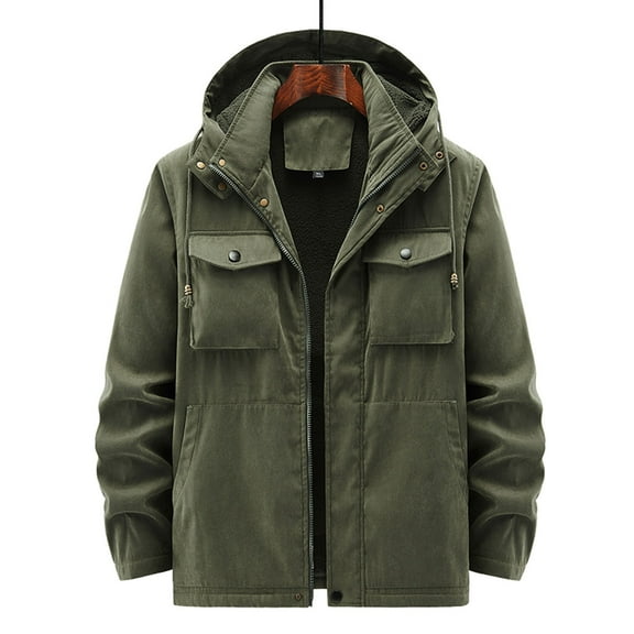 ohmzyzo Men's Winter Hooded Jacket Windproof Sherpa Lined Fleece Windbreaker Coat Outerwear Warm Parka Tops with Pockets Army Green L