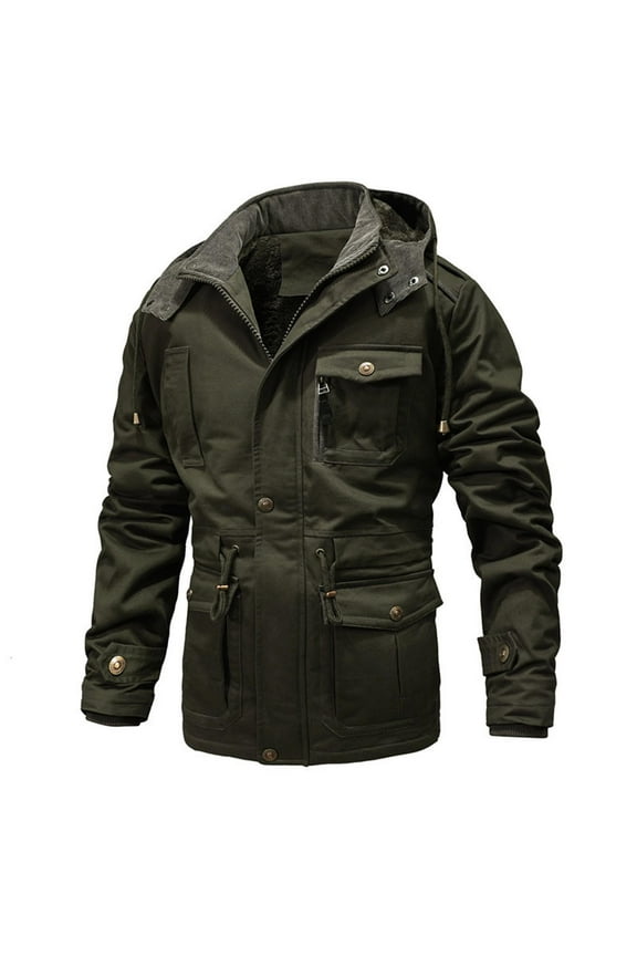 Men's Winter Hooded Jackets Multi Pockets Zipper Front Coats Thick Thermal Fleece Lined Coats Slim Work Cargo Jackets for Men Army Green XXL
