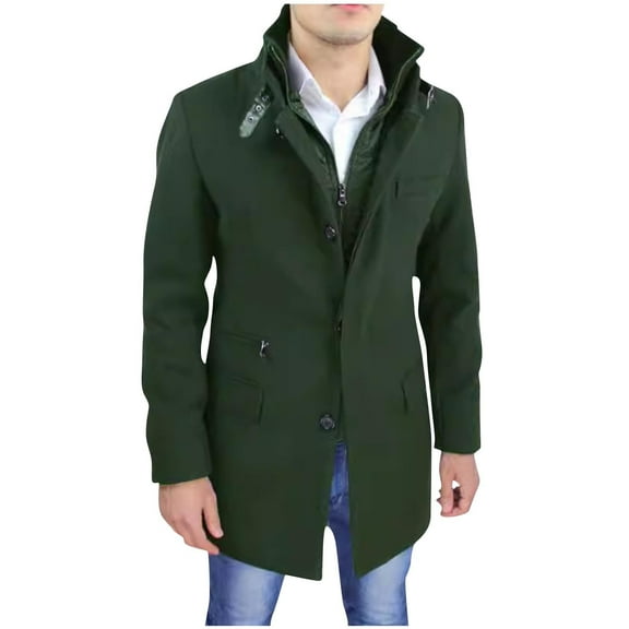 ohmzyzo Men's Wool Blend Coats Zipper Up Winter Warm Jakcet Single Breasted Business Windbreaker Pea Coat with Pocket Army Green M