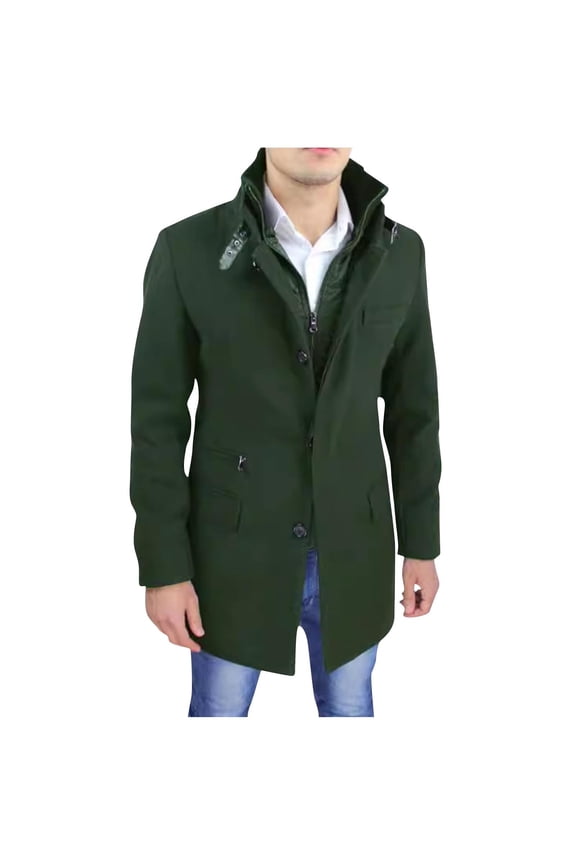 Men's Wool Blend Coats Zipper Up Winter Warm Jakcet Single Breasted Business Windbreaker Pea Coat with Pocket Army Green M