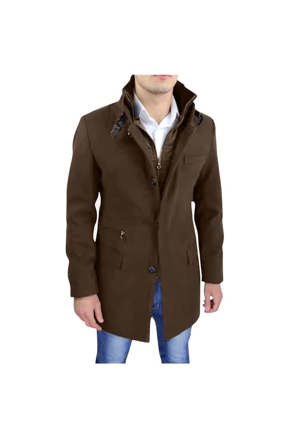 Men's Wool Blend Coats Zipper Up Winter Warm Jakcet Single Breasted Business Windbreaker Pea Coat with Pocket Coffee M