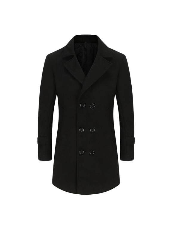 Men's Wool Blend Pea Coat Notched Collar Single Breasted Overcoat Warm Winter Thermal Trench Coat with Pockets Black S