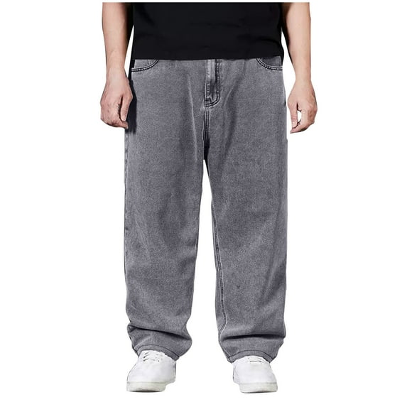 ohmzyzo Men's Work Jeans Casual Hip Hop Streetwear Solid Color Loose Fit Straight Wide Leg Trousers Cotton Denim Pants with Pockets Gray 40