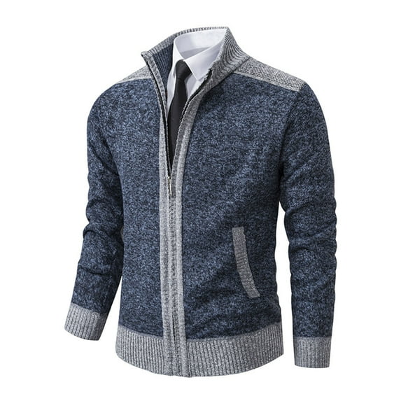 ohmzyzo Men's Zip Up Hoodies Casual Long Sleeve Full Zipper Tops Sherpa Fleece Lined Knit Cardigan Jacket with Pockets Blue L