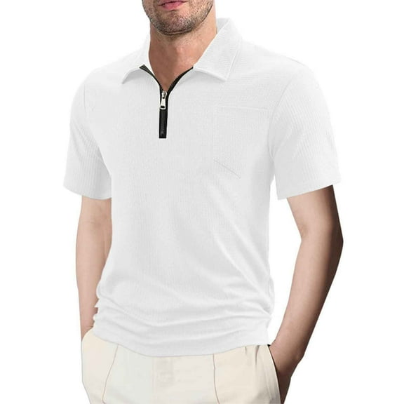 ohmzyzo Men's Zipper Polo Shirts Waffle Knit Short Sleeve Golf Shirts Lightweight Casual Summer Basic Tops with Pocket