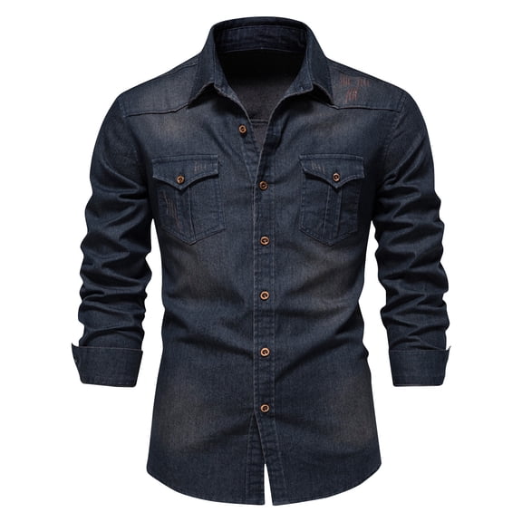 ohmzyzo Mens Button Down Denim Shirts Long Sleeve Lapel Jean Shirts Casual Slim Fit Washed Denim Tops Solid Color Tops with Pockets Navy Blue S