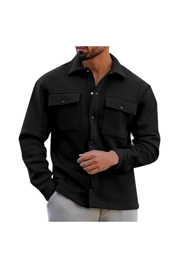 Mens Button Down Jacket Casual Long Sleeve Shirts Ribbed Lightweight Shacket Jacket with Flap Pocket Black XL