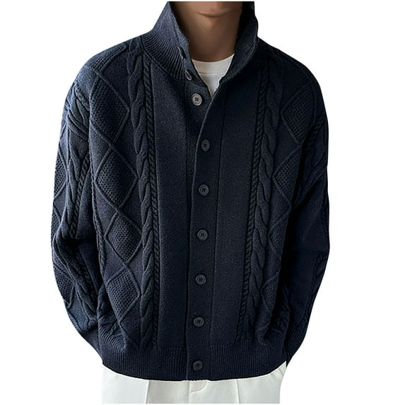 ohmzyzo Mens Cardigan Sweater Shawl Collar Button Down Cable Knit Sweater Casual Long Sleeve Fall Winter Sweaters Coats Navy Blue L