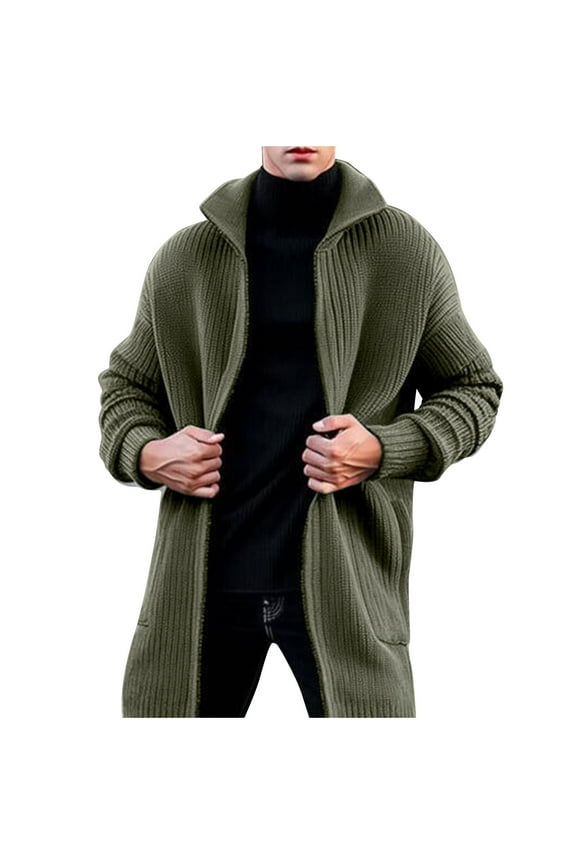 Mens Cardigan Sweaters Casual V Neck Open Front Ribbed Long Winter Sweaters Loose Fit Long Sleeve Thermal Coats Winter Solid Color Tops Army Green XXL