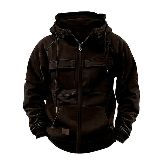 ohmzyzo Mens Cargo Hoodies Casual Full Zip Drawstring Hooded Sweatshirts Workout Athletic Jackets Outwear Tactical Outwear Brown L