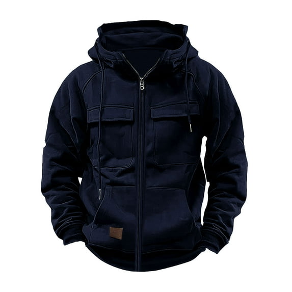 ohmzyzo Mens Cargo Hoodies Casual Full Zip Drawstring Hooded Sweatshirts Workout Athletic Jackets Outwear Tactical Outwear Navy Blue XL