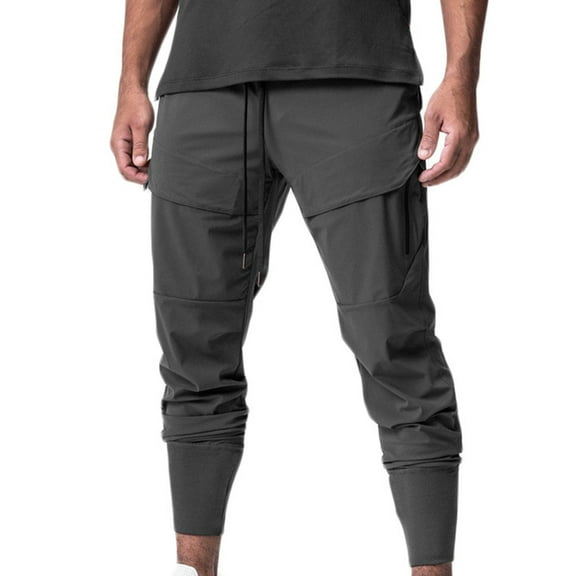 ohmzyzo Mens Cargo Pants Hip Hop Jogger Trousers Drawstring Elastic Waist Streetwear Tactical Solid Color Track Pants with Pockets Dark Gray S