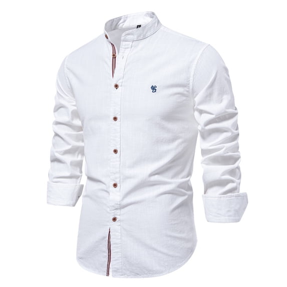 ohmzyzo Mens Casual Long Sleeve Cotton Shirts Banded Collar Button Down Solid Color Dress Shirts Regular Fit Fall Spring Tops